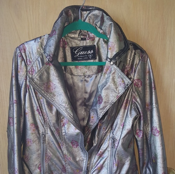 NWOT GUESS Moto JACKET Metallic Gray Sz L - Picture 1 of 7